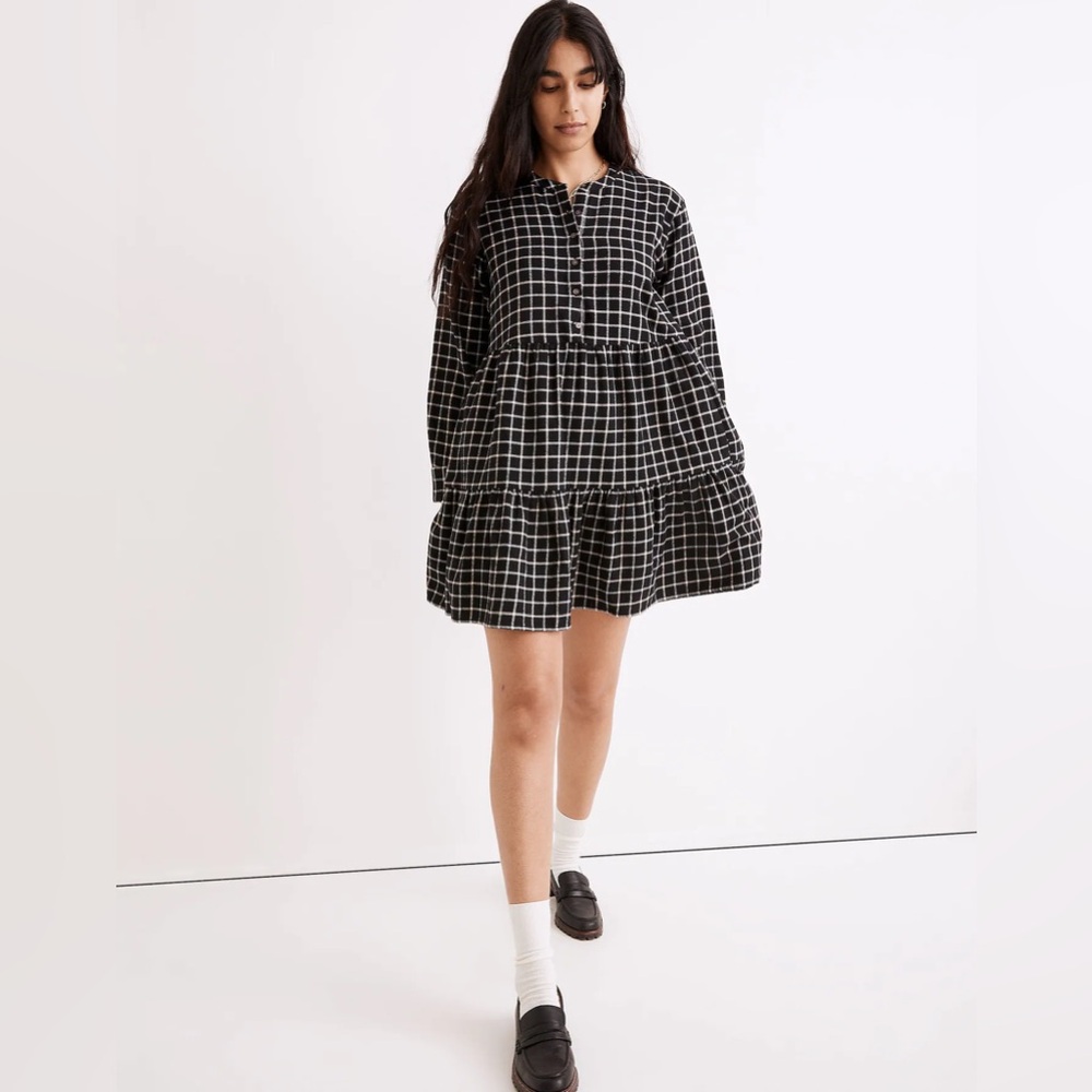 Madewell Flannel Button-Placket Tiered Mini Dress in Windopane